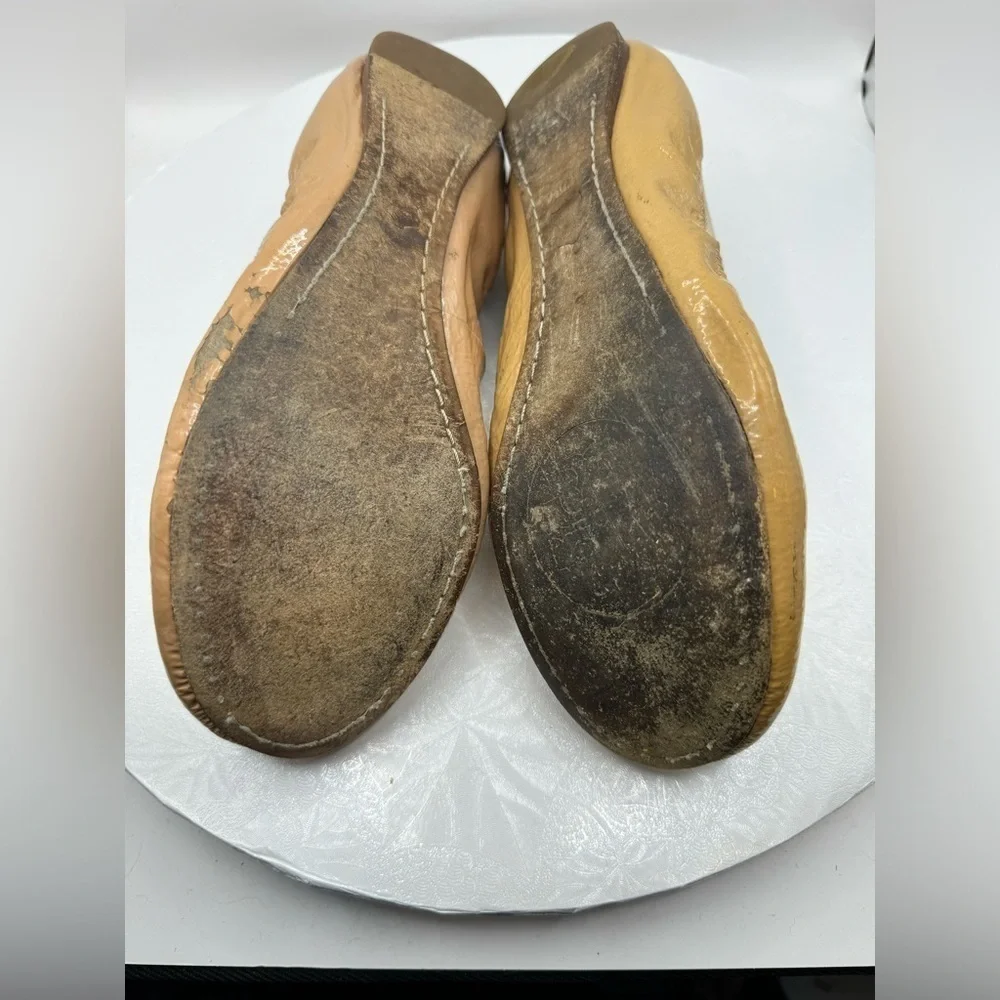 Tory Burch Women’s Claire Elastic Patent‎ Leather Logo Ballet Tan&Gold Flats 7.5